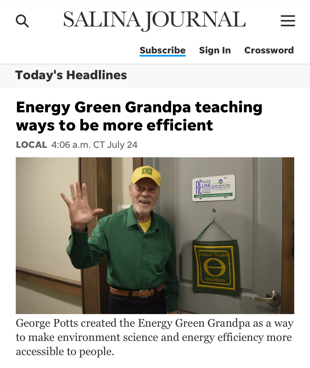 From the Salina Journal: Energy Green Grandpa helps people save money and reduce carbon footprint